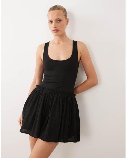 ASOS Black Dropped Waist Mini Dress With Crinkle Cotton Skirt