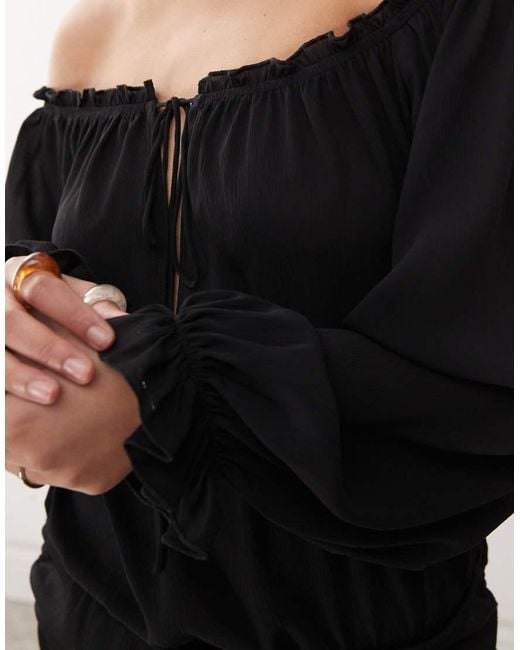 Lioness Black Sevigny Bardot Chiffon Tie Front Ruched Skirt Mini Dress