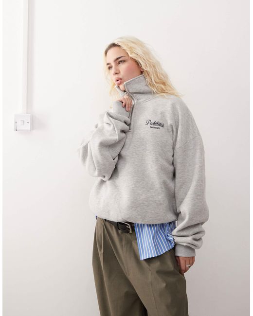 Prohibited Gray Half Zip Sweatshirt With Script Logo Detail