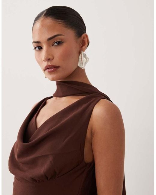 Never Fully Dressed Brown Petite Sophie Chiffon Cowl Neck Scarf Detail Mini Dress