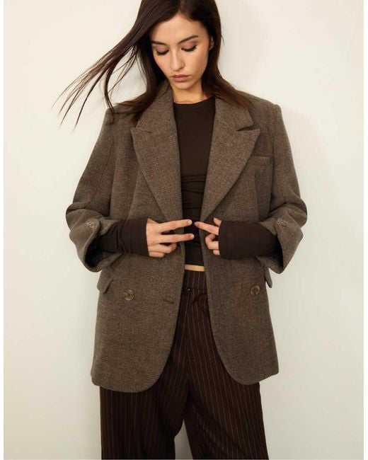 Stradivarius Brown Oversize Double-breasted Herringbone Blazer