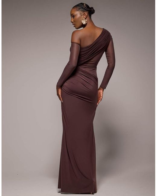 Goddiva Brown Gathered Cowl Asymmetric Mesh And Soft Touch Maxi Dress