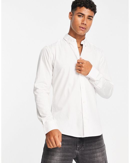 Only & Sons White Slim Fit Stretch Poplin Shirt for men