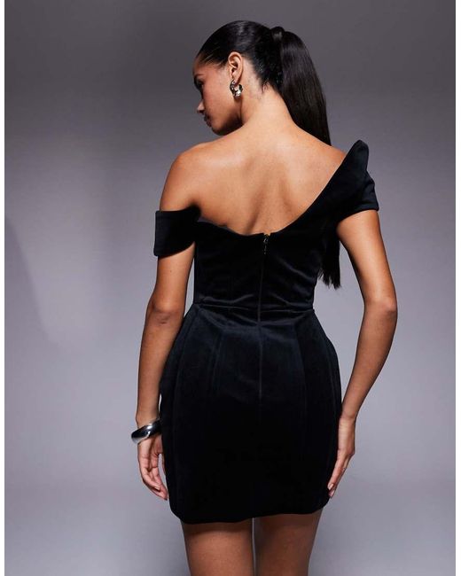 ASOS Black Wired Neckline Off The Shoulder Velvet Mini Dress With Tulip Hips
