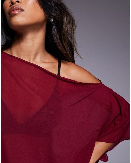 ASOS Red Mesh Sheer Slouchy Longline Off-shoulder Cape Top