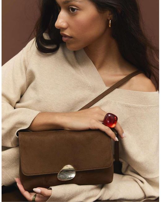 Stradivarius Brown Faux Suede Bag With Asymmetric Metal Clasp