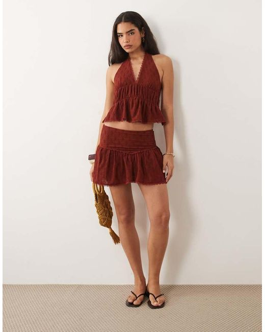 ASOS Red Broderie Mini Skirt With Lace Trim Detail