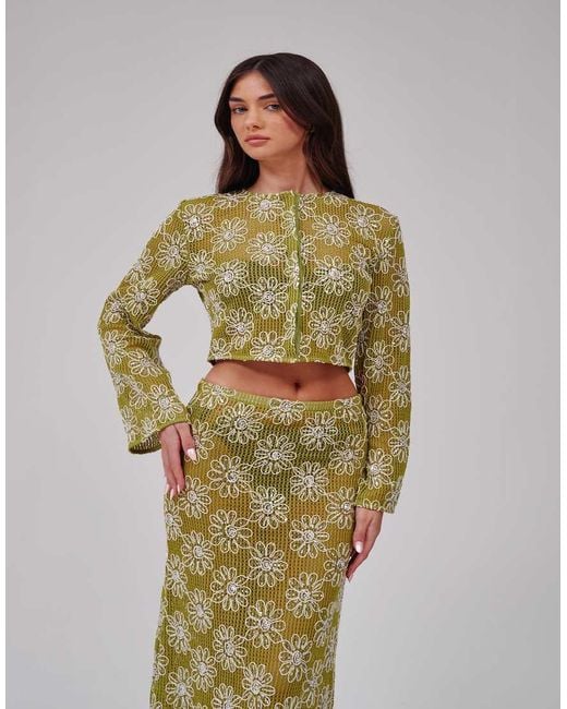 South Beach Green Crochet Floral Sequin Button Front Cardigan