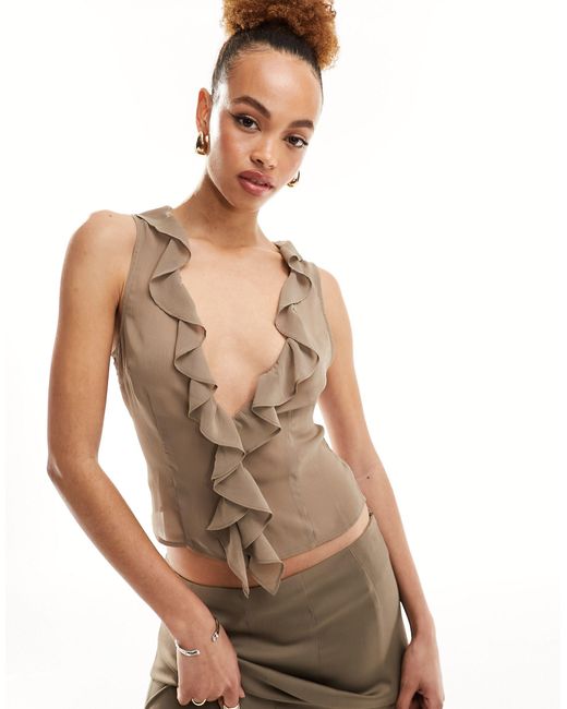 Lioness Natural Ruffle Sheer Chiffon Plunge Top Co-ord