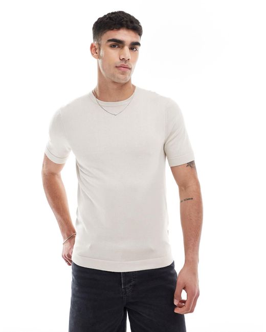 T-shirt en maille à manches courtes - beige Only & Sons pour homme en coloris White