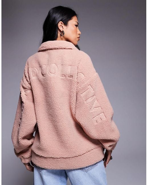 ASOS Pink Weekend Collective Borg Zip Through Fleece With Burnout Graphic