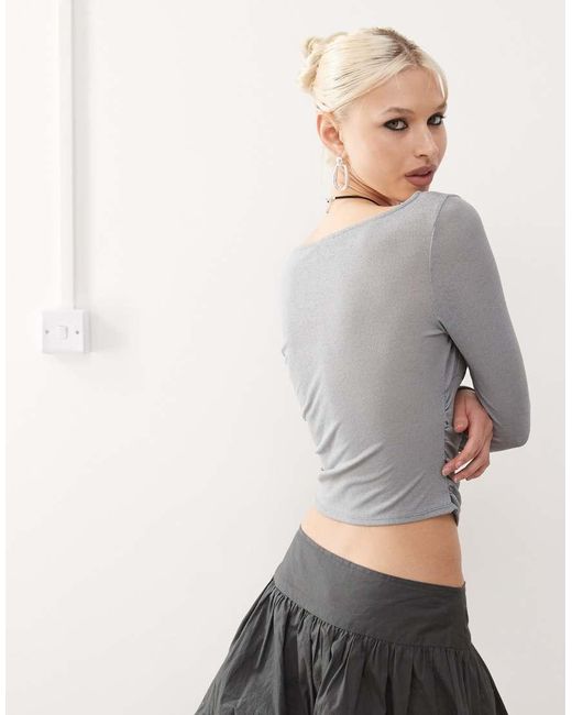 Collusion Gray Tissue Mesh Long Sleeve Ruched Detail Top