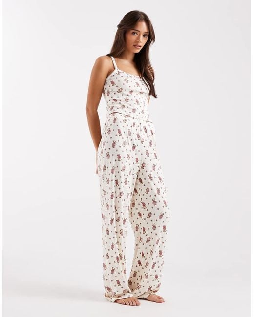 Miss Selfridge White Teddy Bear Print Mix And Match Pyjama Cami Top