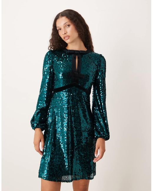 Lovedrobe Blue Fully Embellished Velvet Bow Detail Mini Dress