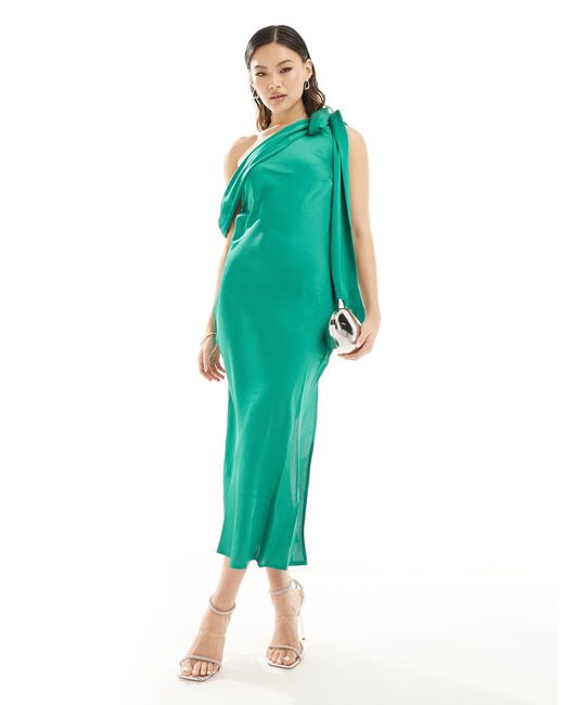 In The Style Green X Terrie Mcevoy Satin Draped Neckline Asymmetric Midi Dress
