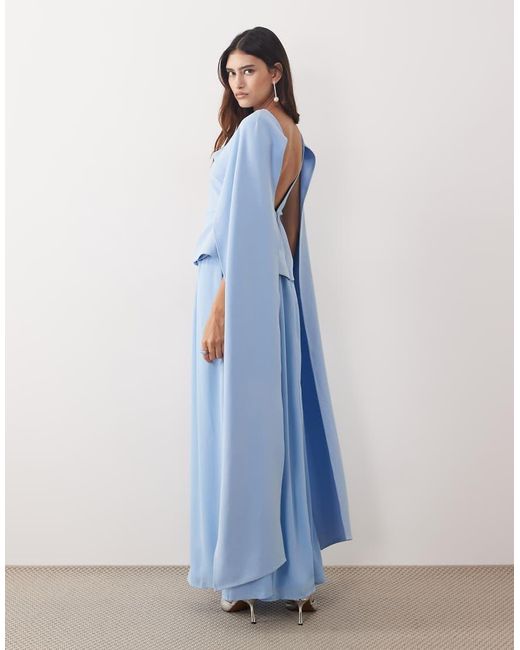 ARRANGE Blue Drape Shoulder Layered Pleated Maxi Dress