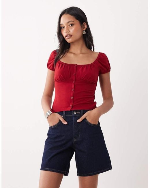 Miss Selfridge Red Button Detail Milkmaid Top