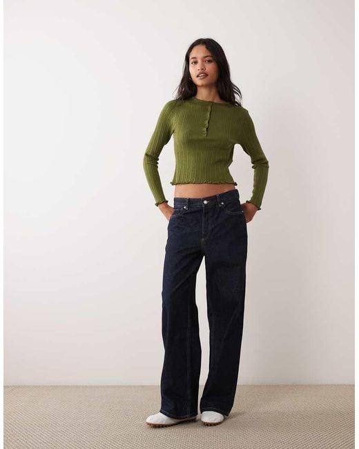 Miss Selfridge Green Rib Knit Henley Button Top