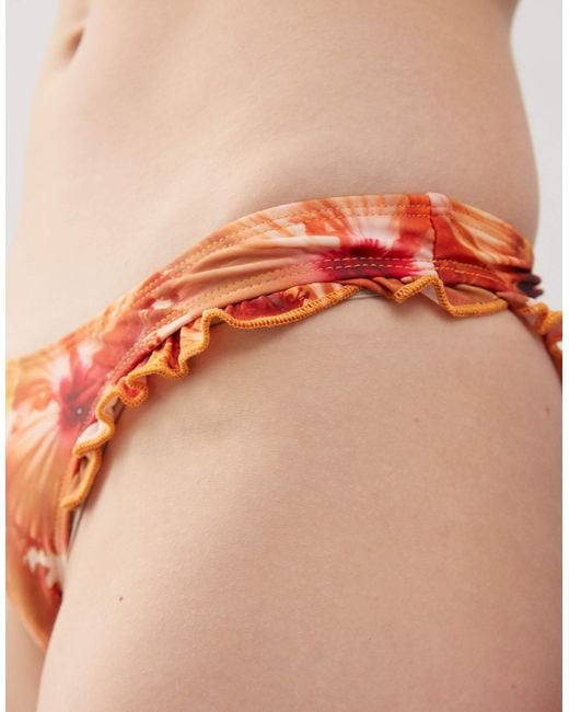 Motel Orange Pali Hibiscus Print Ruffle Bikini Top