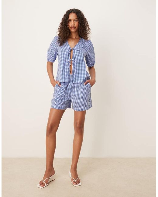 Vila Blue Short Sleeve Tie Front Gingham Check Poplin Top Co-ord