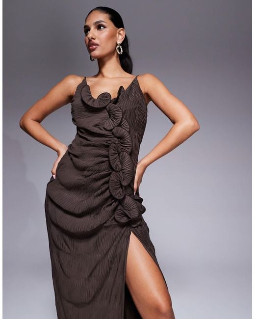 ASOS Brown Plisse Cami Maxi Dress With Waterfall Corsage Ruffle