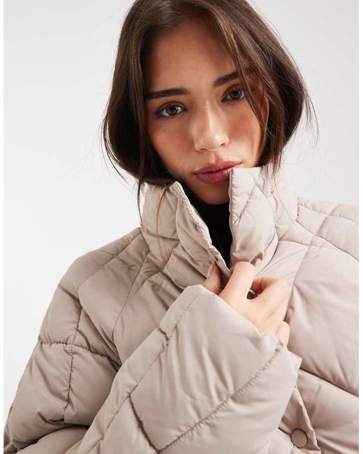 Miss Selfridge Natural Oversized Quilted Funnel Neck Crop Puffer Jacket