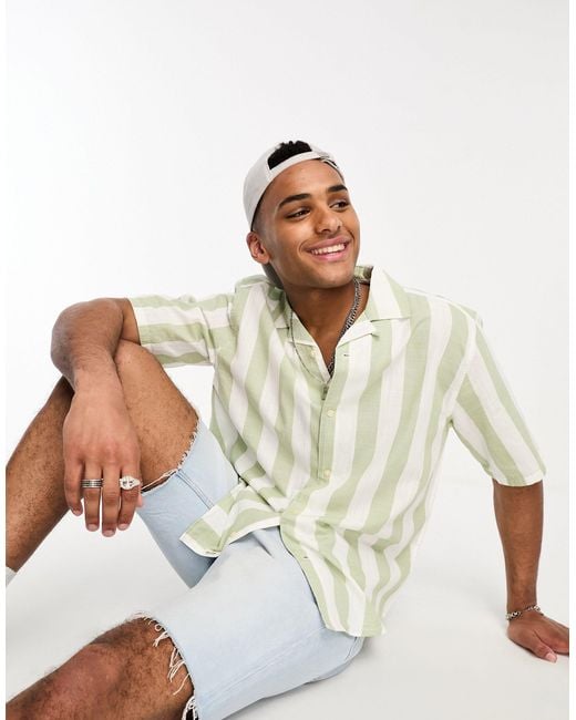 Only & Sons White Oversized Revere Collar Stripe Shirt for men