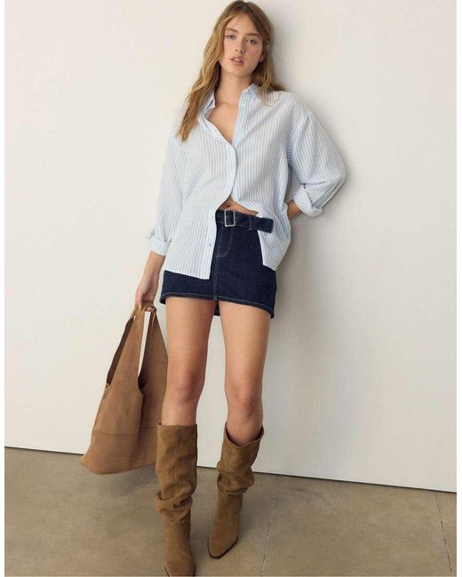 Stradivarius Blue Linen-effect Shirt