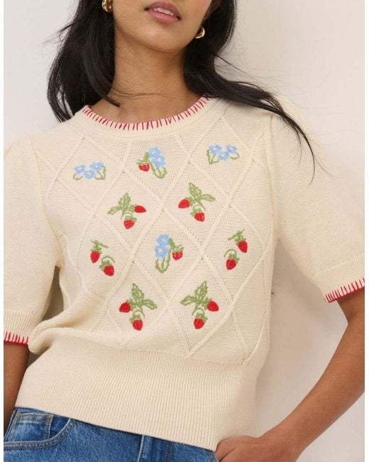 Nobody's Child Natural Strawberry Embroidered Knitted T-Shirt