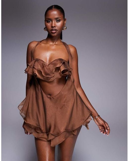 The Dolls House Brown Fleur Ruffle Cut-Out Mini Dress