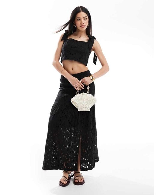 South Beach Black Broderie Midi Skirt