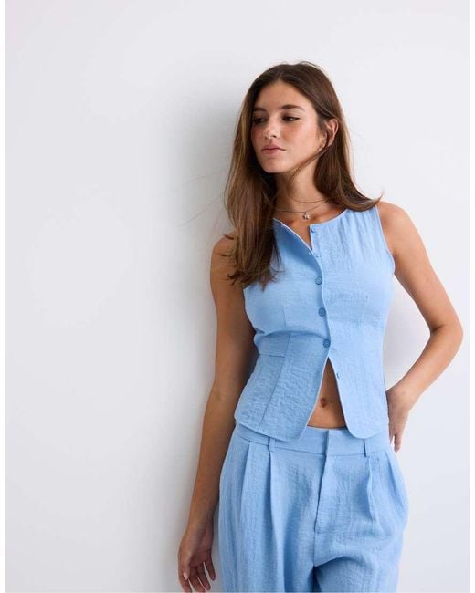 Stradivarius Blue Sleeveless Buttoned Top