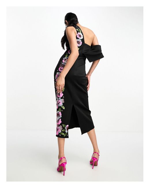 ASOS Black One Shoulder Draped Midi Dress With Pink Sequin Embellishment
