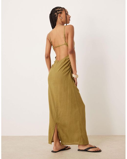 Robe d'été longue en lin avec découpe sur la poitrine - olive ASOS en coloris Natural