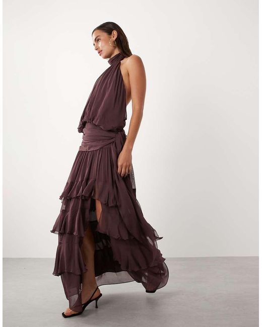 Mango Hoogsluitende Maxi Jurk Met Open Achterkant En Ruches in het Brown