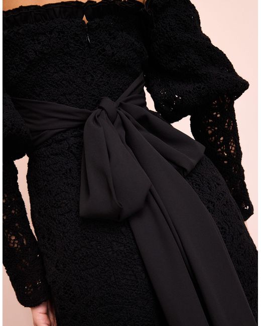 ASOS Black Off Shoulder Crochet Bardot Midi Dress With Bow Back