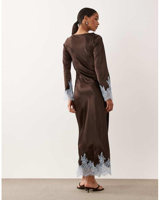 TFNC London Brown Satin Cowl Neck Contrast Lace Trim Bell Sleeve Maxi Dress