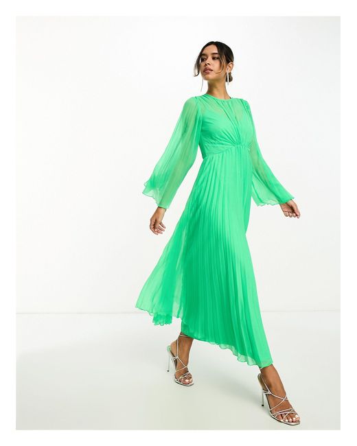 ASOS Green Tie Back Fluted Sleeve Pleated Midi Dress