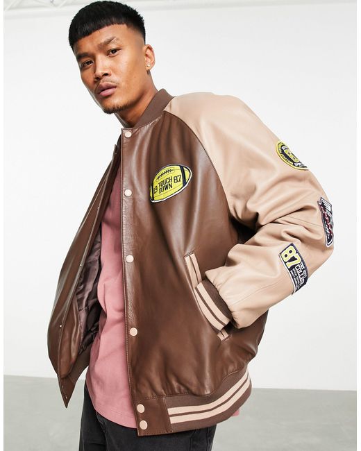 ASOS Oversized Leather Varsity Jacket in Brown for Men - Lyst