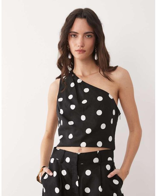 Mango Black Abrei Linen Mix One Shoulder Crop Top