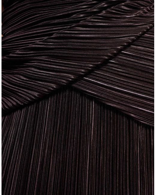 ASOS Brown Plissé Fallen Shoulder Pencil Maxi Dress With Twisted Waist Detailing