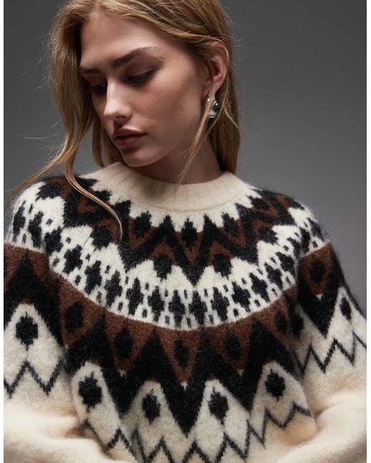 & Other Stories Gray Mohair And Wool Blend Fair Isle Style Knit Sweater With Brown Jacquard Zig Zack Pattern