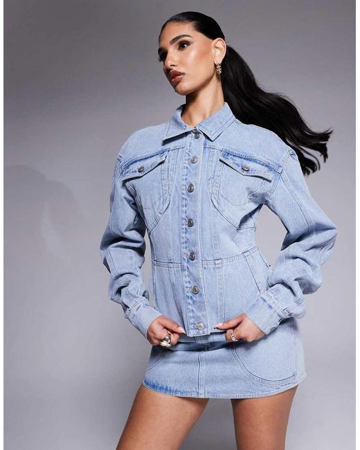 Wanderdoll Blue Alix Cinched Waist Seam Detail Denim Jacket Co-ord
