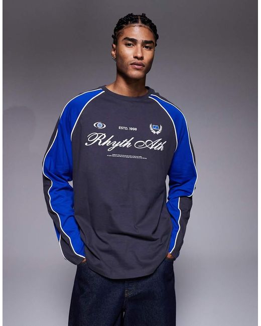 ASOS Oversized Long Sleeve T-shirt Panelling Detail And Sports Graphic Charcoal And Blue for men