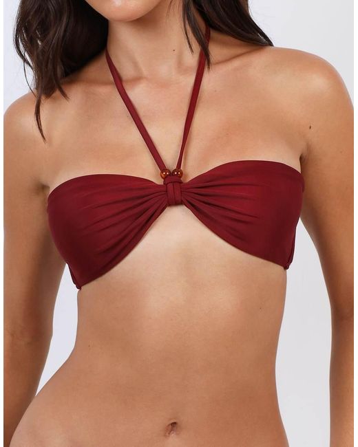 SIMMI Red Halter Bikini Top With Bead Detail