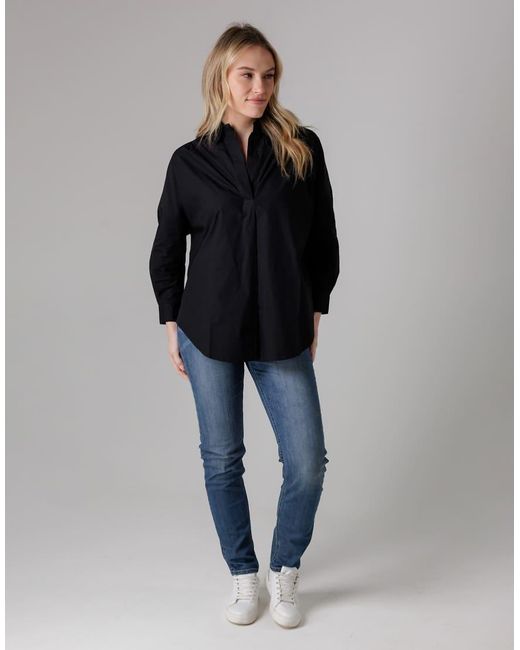 French Connection Black Cotton Long Sleeve Poplin Popover High-Low Hem Shirt