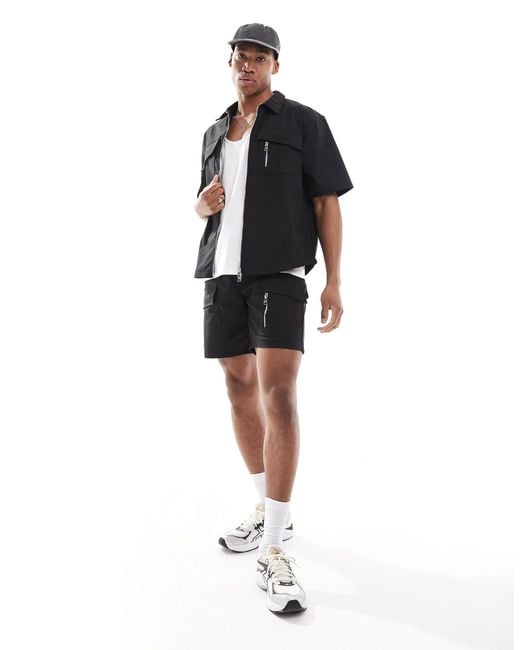 The Couture Club Black Co-ord Nylon Zip Through Utility Shirt for men