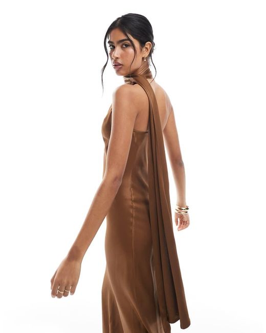 Maids To Measure Brown Bridesmaid One Shoulder Scarf Maxi Dress