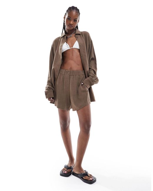 Weekday Brown Ava Co-ord Linen Mix Shorts