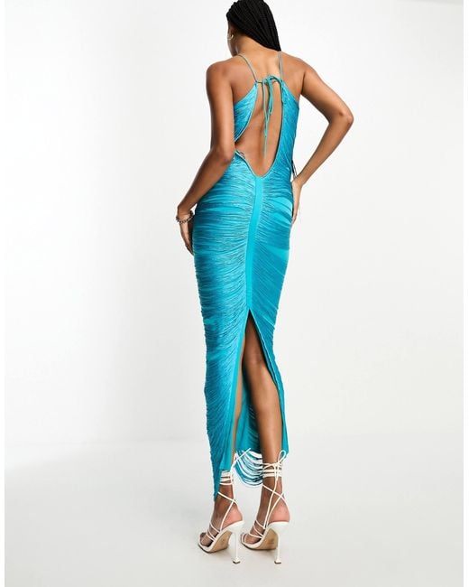 ASOS Asos Design Tall Fringe Drape Halter Maxi Dress in Blue | Lyst  Australia